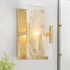 Zevni 1-Light Antique Gold Leaf Wall Sconce Rectangle Clouded Glass Mid-Century