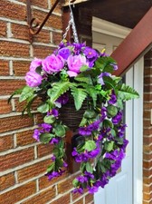 Artificial Flowers Hanging Basket Plants Garden Pot Ivy Leaf Fern Foliage Rose