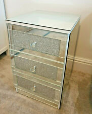 Silver Glitter Mirror Glass Bedside Table Cabinet 3 Drawer Chest Crystal Handles