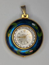 Buler Watch Pendant Blue Enamel Floral Vintage Swiss 17 Jewel