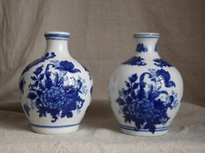 Pair of Oriental Porcelain Floral Blue White Vases, Floral Design, Chinoiserie