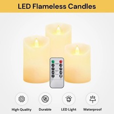 3PCS LED Flameless Pillar Candles Flickering Battery Operated With Remote Timer
