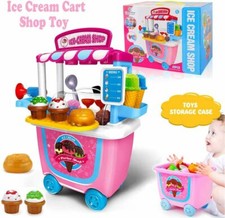 Kids Children Role Play Pretend Ice Cream Shop Dessert Cart Set Learning Toy Box