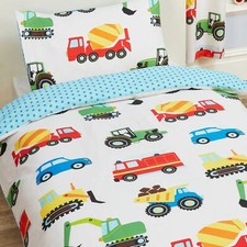 TRUCKS & TRANSPORT SINGLE DUVET COVER SET CARS TRACTORS DIGGERS