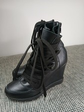 Ladies Black Faux Leather Wedge Boots Size 4 UK EU 37 Zip Up Lace Up