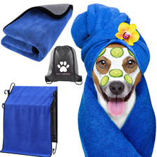 140x70cm XL Dog Drying Towel – Ultra Absorbent, Calming, with Bag (Blue / Grey)