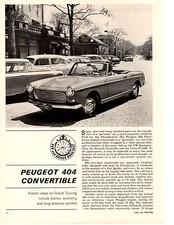 1965 PEUGEOT 404 CONVERTIBLE ~ ORIGINAL 3-PAGE ROAD TEST / ARTICLE / AD