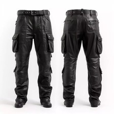 Mens Black Leather Cargo Pants