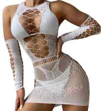 White Fishnet Mini Dress Festival Rave Club Wear Lingerie Mesh Cutout Arm Sleeve