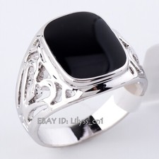 R074 Enamel Black Onyx Mens Ring Boys Signet Pattern Band Sizes N - Z