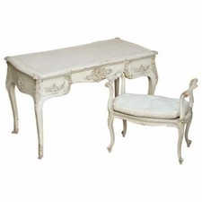 EARLY PAINT ANTIQUE FRENCH LOUIS XV STYLE BUREAU PLAT WRITING DESK & STOOL
