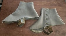 Vtg 1920s 30s 1 Pair Men Women Spats Gray Wool Leather Straps 4 Buttons Boot #1
