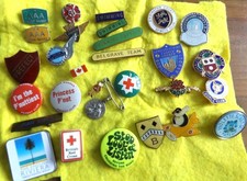 28 Pin Badges Enamel & Metal  Swimming Bowls Red Cross Golden Wonder Red Cross
