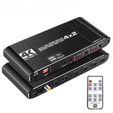 HDMI Matrix Switch 4x2, 4K Out Box with EDID Extractor and IR Remote Control 
