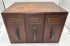 Antique Wood Three Drawer Desktop Vertical Filing Cabinet Utility Brass Handles