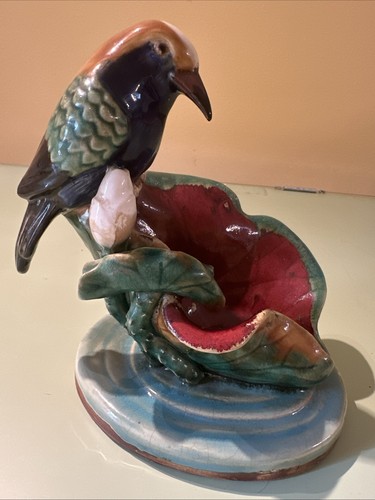 Antique majolica bird perched - antique,
