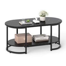 COSTWAY Marble Coffee Table Modern 2-Tier Center Table with Shelf-Black