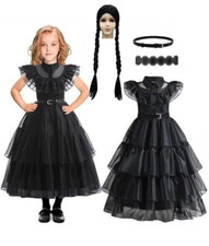 Wednesday The Addams Family Costume Girl Adams Fancy Dress Wig Belt Party Outfit