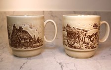 Vintage Pair Mugs Cottage Horse and Cart Kilncraft Biltons Countryside embossed