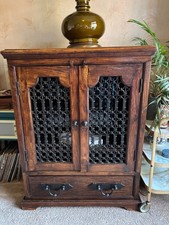 VINTAGE JALI SHEESHAM DARK WOOD CABINET WITH WROUGHT IRON PANELS