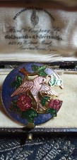 VINTAGE Signed FISH Gold Pink Lilac, Green Champleve Enamel Bird Floral Brooch.