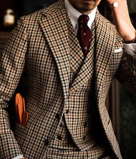 Men Suit Brown Plaid Wide Notch Lapel Formal Party Prom Groom Tuxedo Suit Custom