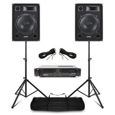 Max SP15 Passive DJ Speakers Pair with VXA 1500 Amplifier & Stands - 15" Woofer