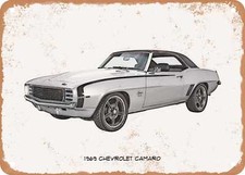 Classic Car Art - 1969 Chevrolet Camaro Pencil Sketch - Rusty Look Metal Sign 7