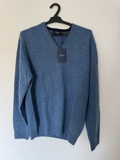 Hackett Men's Pure Lambswool Jumper V-Neck Sweater Coastal Blue L