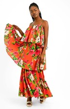 Forever Unique Womens Orange Floral Print Midaxi Dress Square Neck RRP £160