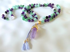 108 Mala Amethyst Jade Moss Agate Rainbow Moonstone and Black Onyx necklace