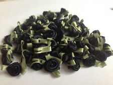 SMALL MINI SATIN RIBBON ROSE BUDS FLOWERS WITH SATIN GREEN LEAVES APPLIQUE CRAFT