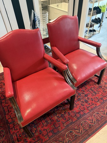 Pair red leather upholstered - pair,