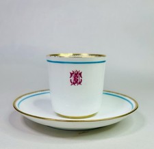 Antique Bone China Monogrammed Turquoise Acanthus Demitasse / Tea Cup and Saucer