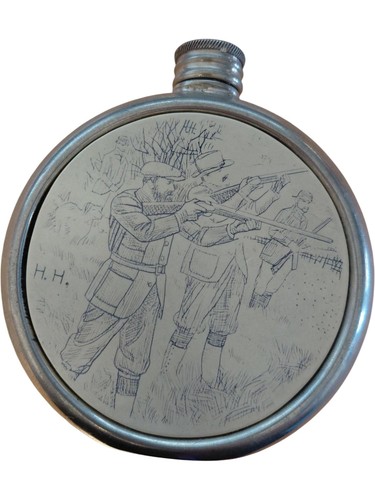 Engraved pewter hip - hip, flask