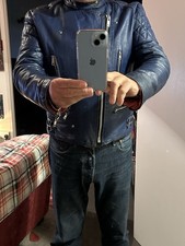 Waddington Vintage 80s Blue Leather Biker Motorcycle Jacket.