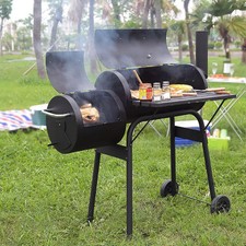 Large Smoker Charcoal BBQ Barbecue Grill Smoking Barrel Trolley Garden Outdoor
