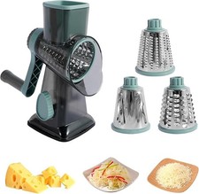 Manual Round Mandoline Vegetable Slicer Rotary Cheese Grater Shredder w 3 Blades