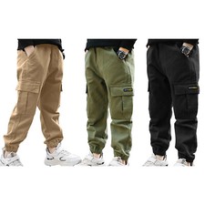 Boys Cargo Trousers Elasticated Waist Outdoor Pants with Multi Pockets for Kids