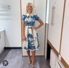 BNWT LK Bennett Fellini Size 14 Blue And Cream Tropical Print Cotton Dress Holly