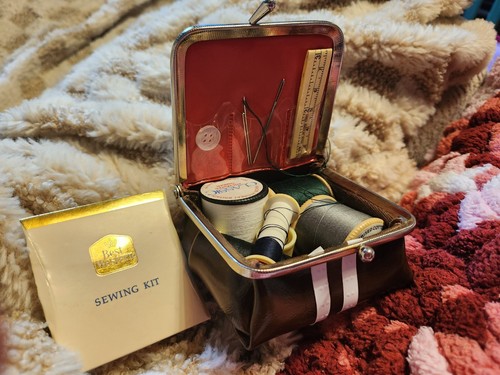 Vintage brown vinyl sewing kit - vintage,