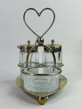 Antique Silver Plated & Cut Glass Heart Shaped Condiment / Cruet Set With Stand