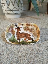 Vintage Signed Earthenware Dish With A Goat Or Deer On Signed