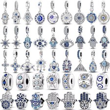 925 Sterling Silver Charms Beads Evil Eye Hamsa Hand Cross Fit Bracelet Jewelry