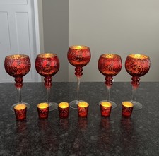 11 Pc Set Red & Silver Mercury Glass Candle Holders 5-Long Stem Goblets 6-Votive
