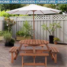Wooden Round Picnic Table Garden Bench Set Outdoor 8 Seater Bench Parasol Hole