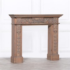 French Style Aged Rustic Finish Hand Carved Wooden Fire Surround Decor