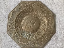Antique Indian Hindu Brass Repousse 14" Ornate Octagonal Charger Plate Plaque