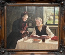 LARGE Vintage Oil Painting on Canvas, Victorian Domestic Scene, Mid 20th Century