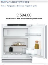 SIEMENS IQ50 KU22LVFD0G Integrated Under-counter Fridge with Ice-Box In White